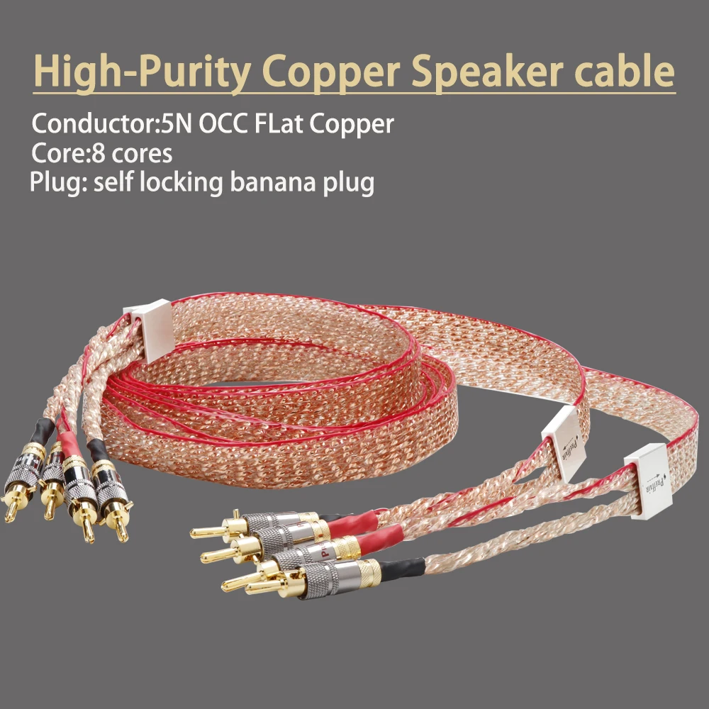 

Hi-End Pair Flat speaker cable 5N OCC Copper Wire Self Locking Banana Plug upgrade audio cable with foil shield Home Cinema KTV