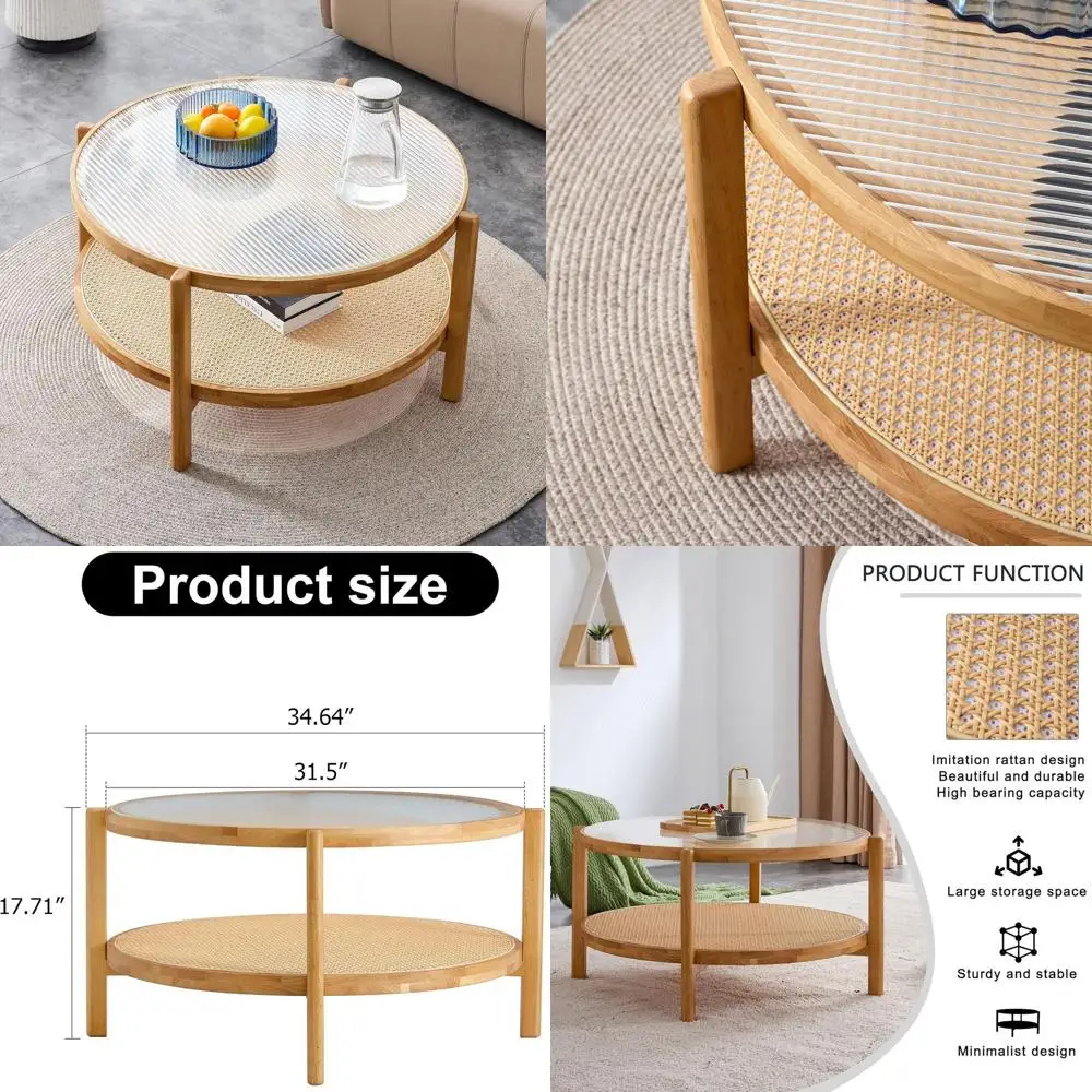 

Современный двухуровневый журнальный столик середины века со стеклянной столешницей и полкой из ротанга, 35-дюймовый круглый стиль в стиле бохо для небольших гостиных