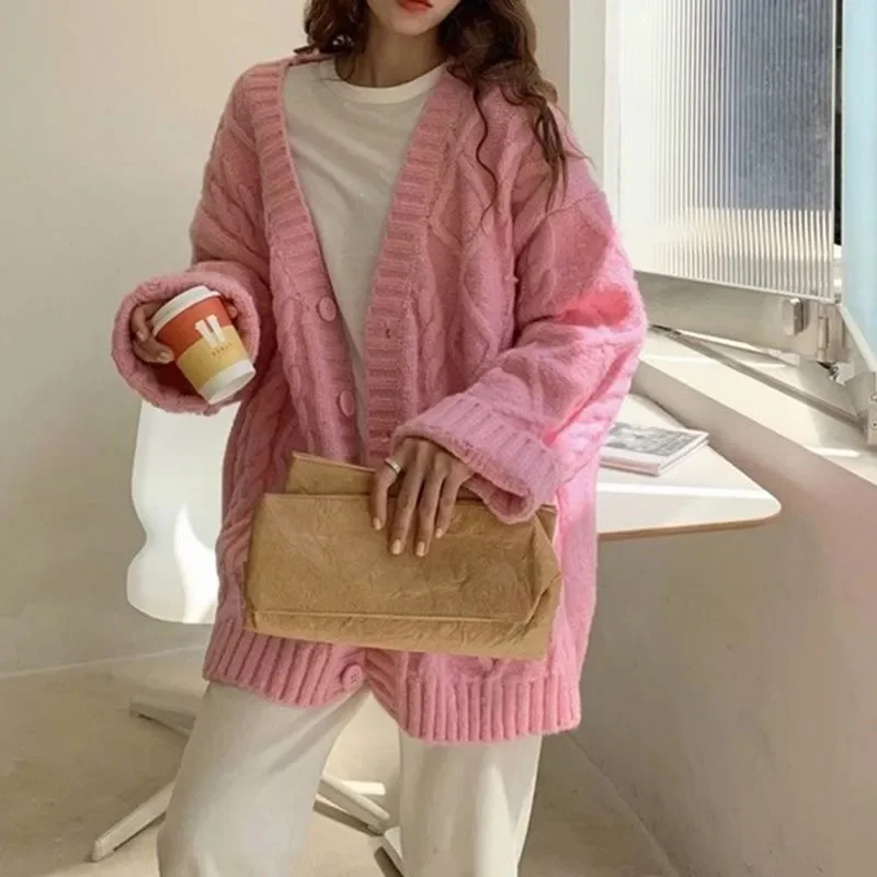 New Autumn Winter Korean Version Loose Thickened Fried Dough Twists Sweater Coat Women Fashion Knitting Cardigan Outer Wear Top