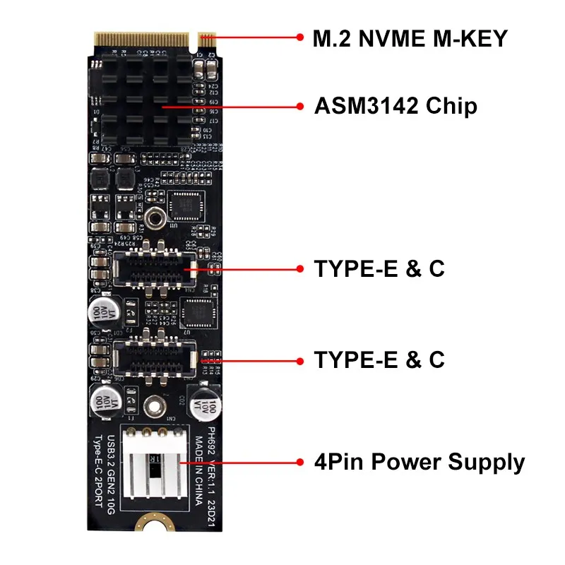 M.2 M 키 NVME PCIe to USB 3.1 타입 C 전면 패널 확장 카드, 10Gb NGFF M2 NVME to 듀얼 TYPE-E 어댑터, PC용 USB-C 허브 라이저