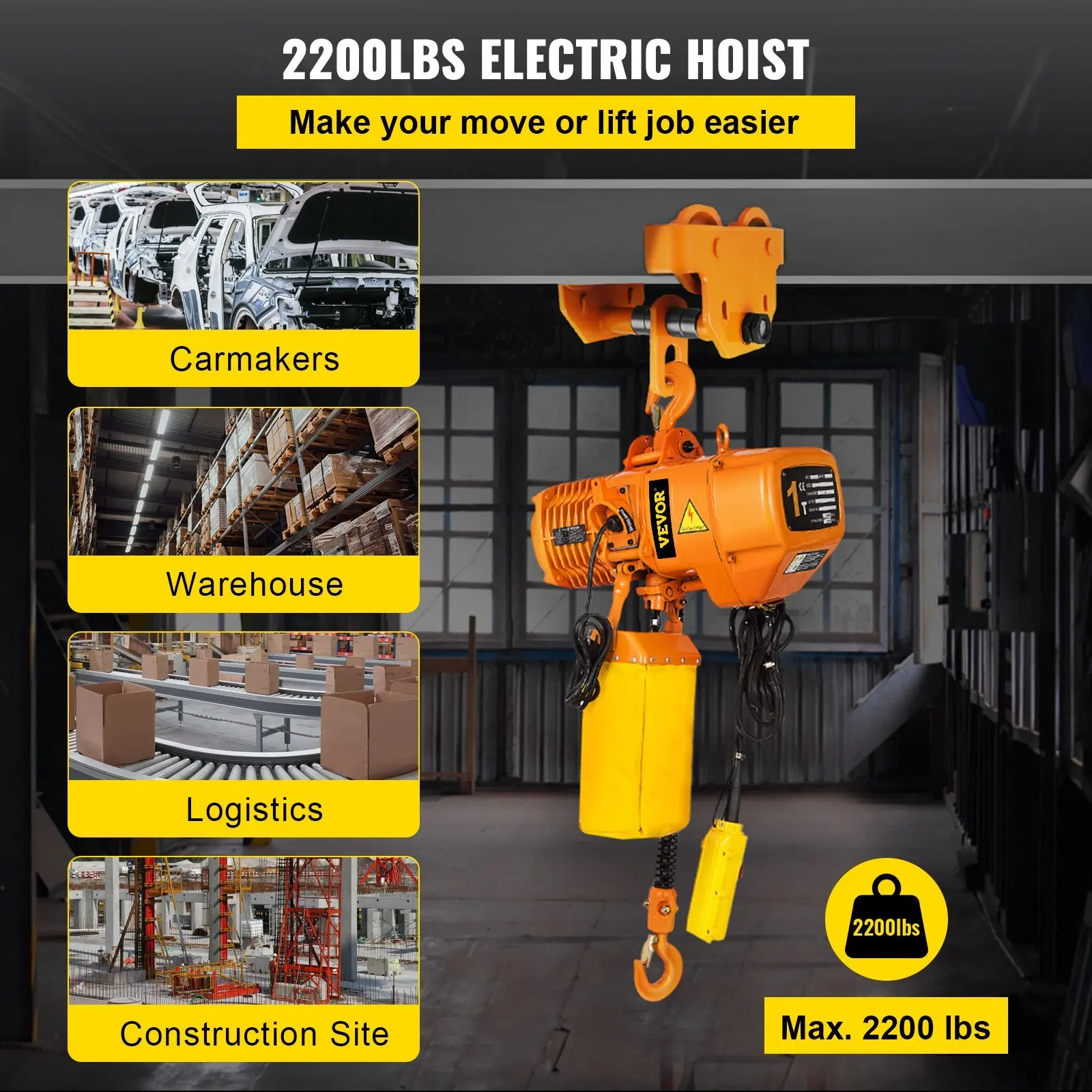 2200LBS Double Electric Chain Hoist, Yellow