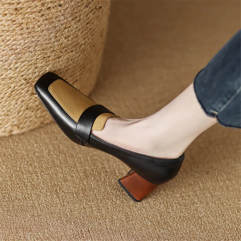 2023 New Spring Women Shoes Mixed Color Loafers Square Toe High Heels Cow Leather Chunky Heel Women Pumps Shoes for Women Ladies