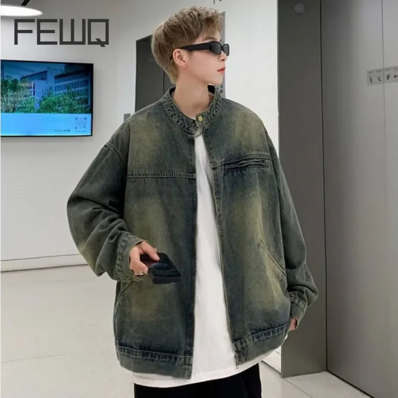

FEWQ Men's Denim Coat Autumn American High Street Loose Washed 2023 Vintage Long Sleeve Male Casual Jacket Streetwear 24X1829