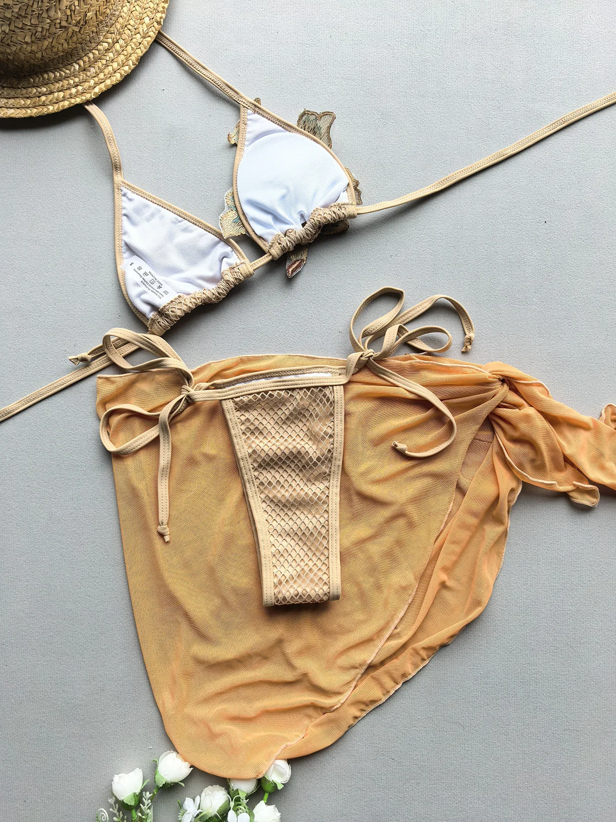 3-częściowy damski seksowny zestaw bikini na lato 2025, strój kąpielowy plażowy, damski kostium kąpielowy z kwiatowym pareo.