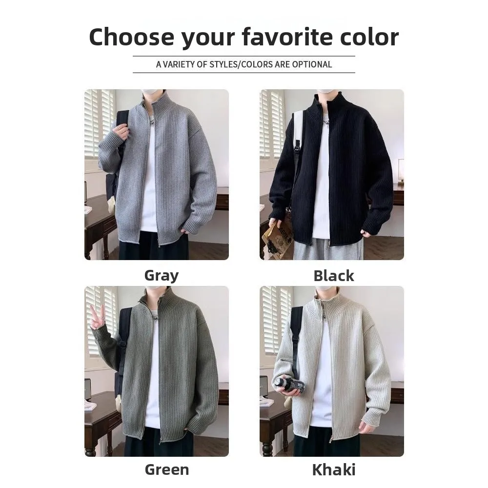 

Men's Knitted Open Cardigan Jaet Heavyweight Zipper Stand Collar Sweater Soft Casual Loose Fit Long Sve Thermal Wear