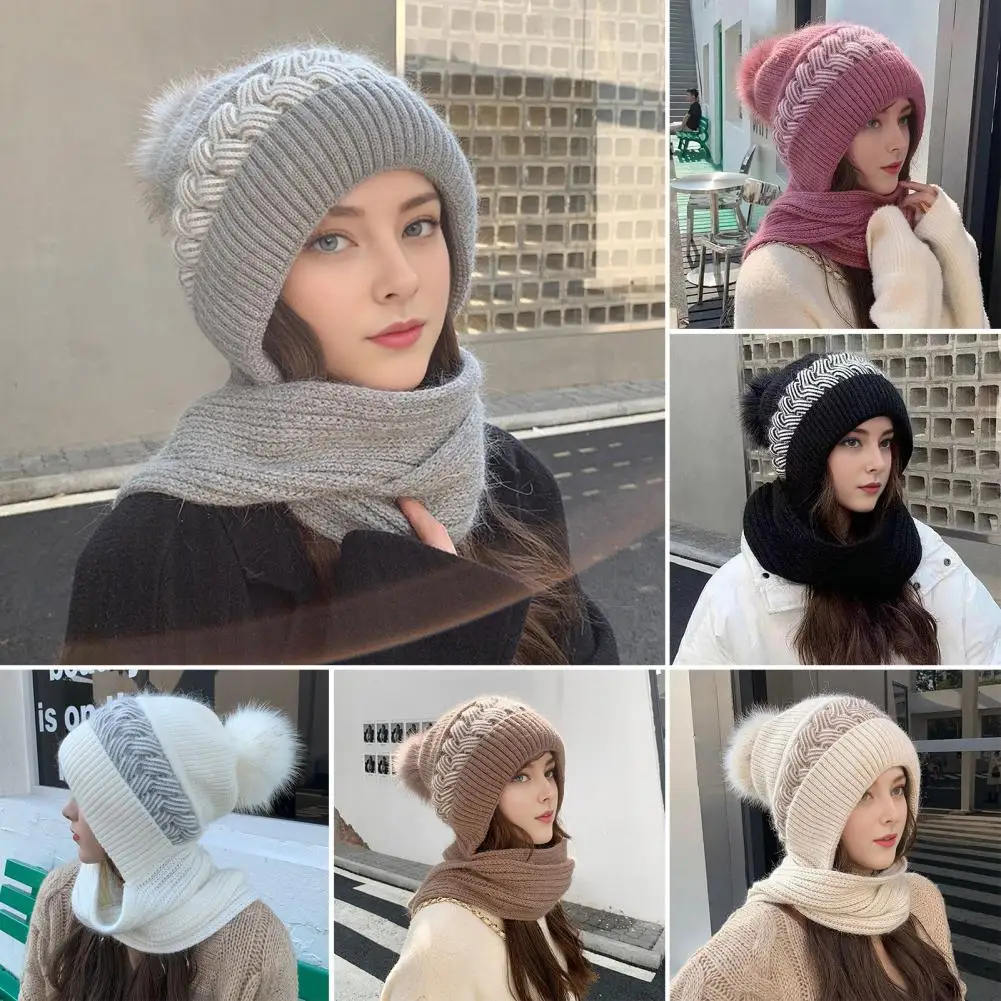 Women Hooded Scarf Plush Winter Hat Scarf Set for Women Windproof Cycling Headwear with Contrast Color Design Full for Outdoor