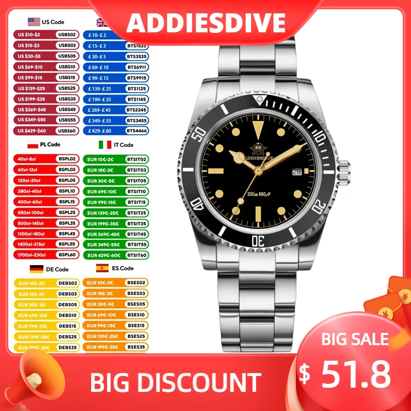

ADDIESDIVE Luxury Men's Watches 39mm Diver Luminous Calendar Display Stainless Steel 20ATM Quartz Watch NEW Reloj Hombre AD2072