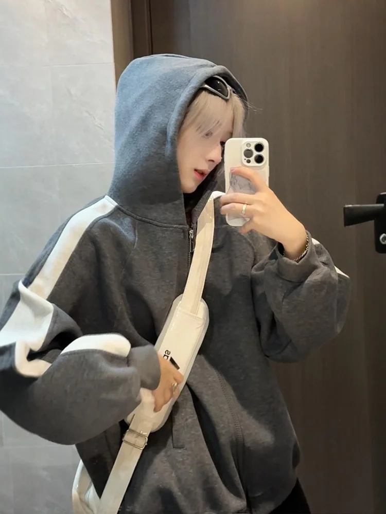 

Американский кардиган-толстовка унисекс с капюшоном в стиле Color Block, весна-осень, плотный, свободный крой, Cleanfit, High Street