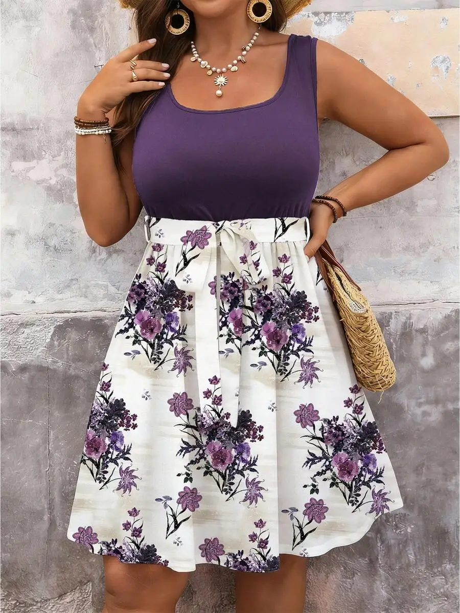

Purple Floral Print Sleeveless Plus Size Summer Dress Casual Vacation Bohemian Style
