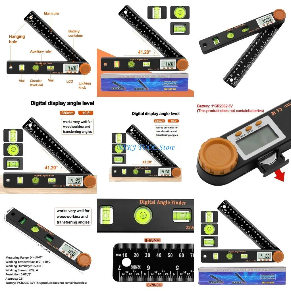 

L8RC Digital Display Ruler 4-in-1 Folding-Metal Stationery Ruler General-Tool Protractor-Inclinometer for Building Decoration