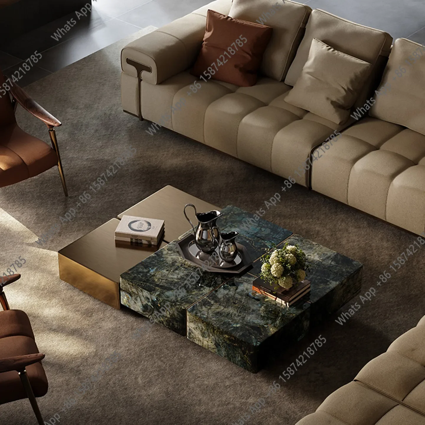 Xx Italian Combination Coffee Table Large Flat Layer Stainless Steel Coffee Table Natural Crystal Stone Tea Table Modern Simplic