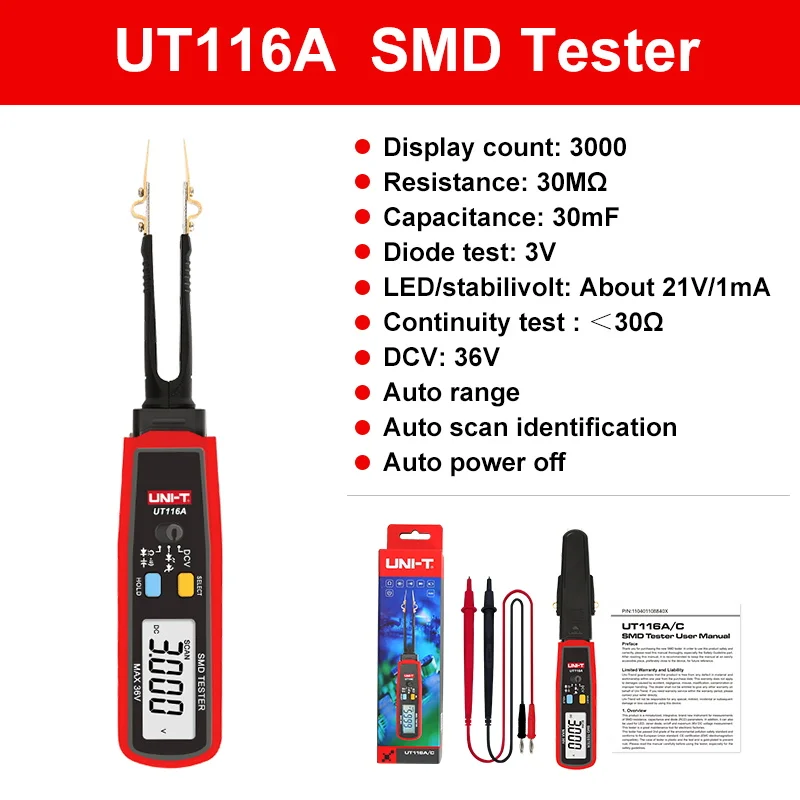 UNI-T UT116C UT116A SMD Tester Meter Draaibare Pincet Weerstand Capaciteit LED Diode Continuïteit Batterij Tester