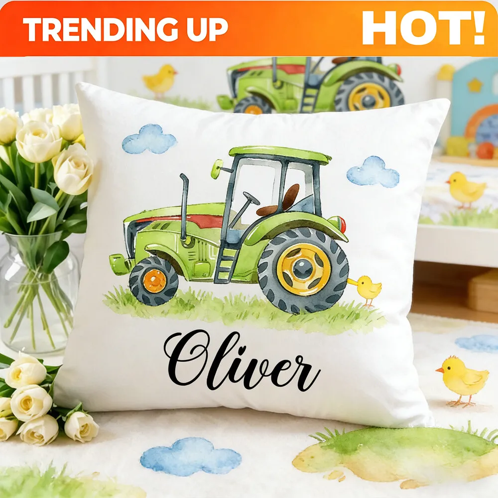 Customize Personalized Tractor Pattern Throw Pillow, Cartoon Farm-themed Decorative Cushion, Printed with Fun Designs Such as Gr