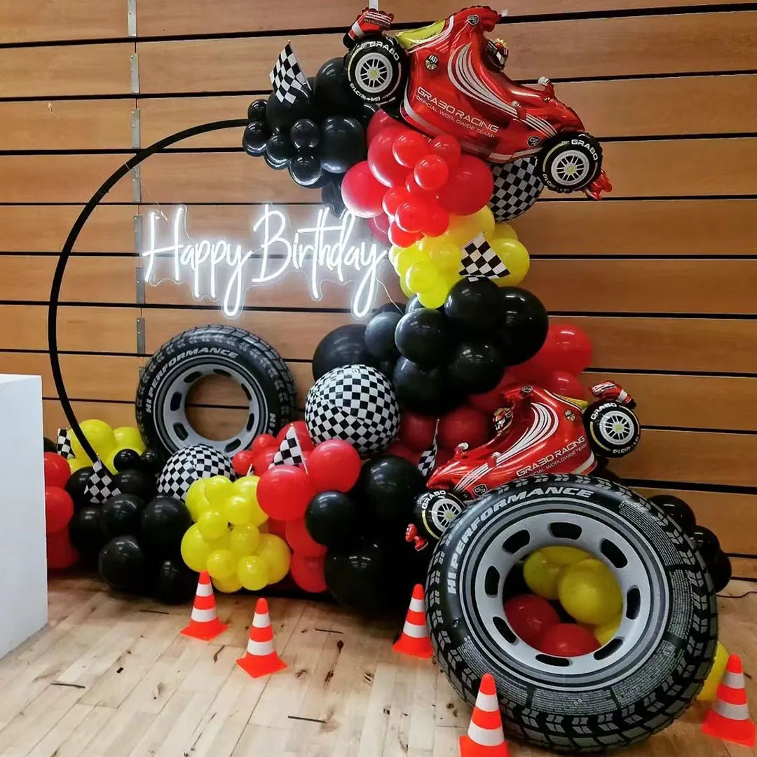 

129pcs Racing Car Tyre 4D Black White Checked Foil Balloon With Latex Ballons Garland Kit Boys Birthday Sports Event Party Decor