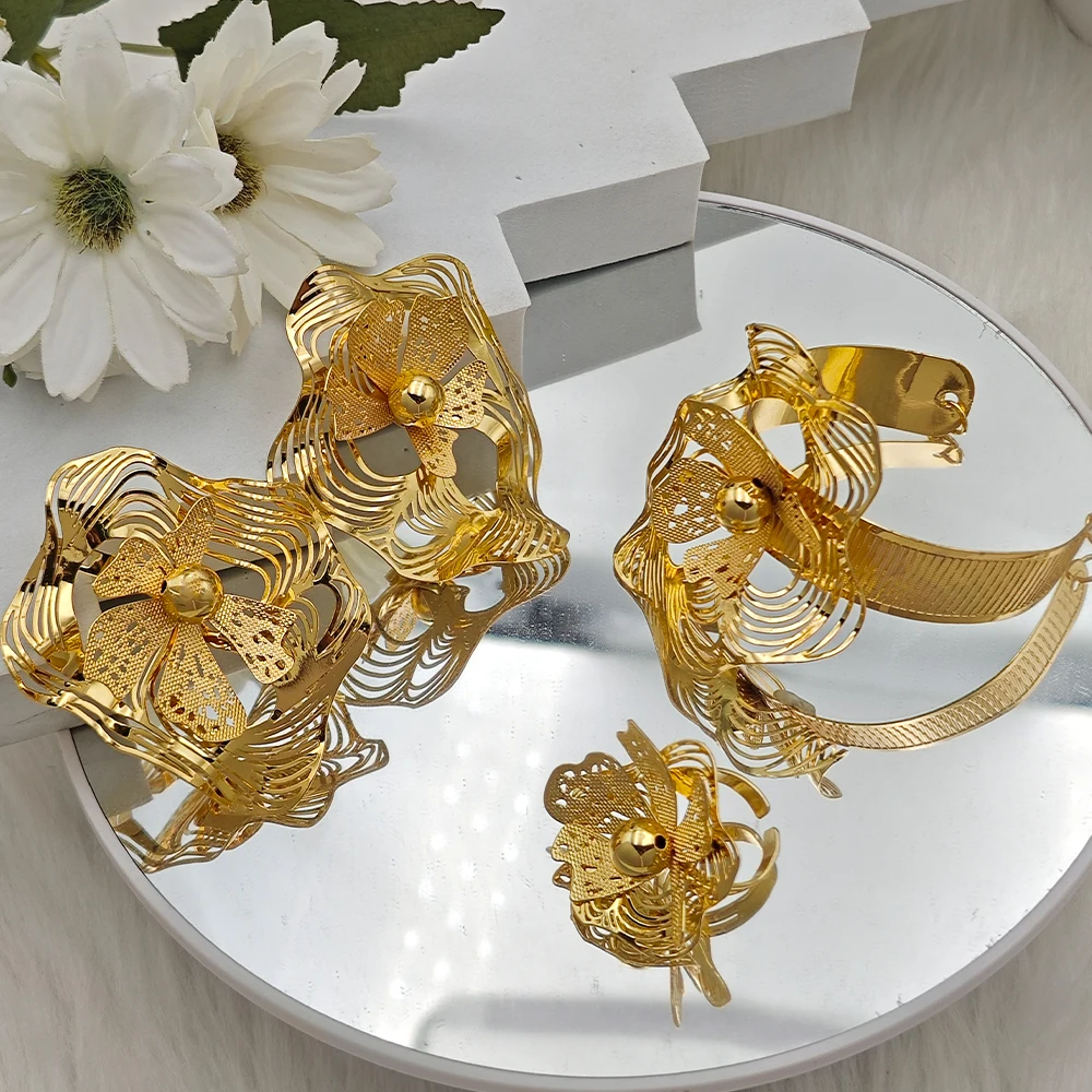 

Dubai-Inspired Gold-Tone Wide Cuff & Statement Ring Set for Women, Bridal Wedding Party Jewelry Gift, Middle Eastern Chic