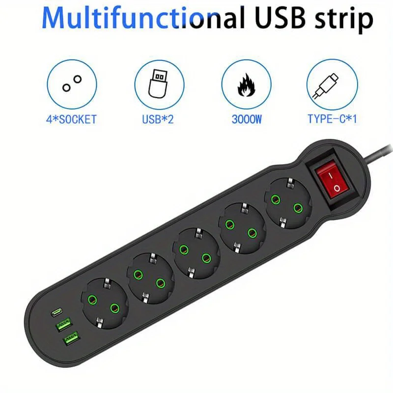 EU Plug Power Strip 2/3/4/5 Outlet Multitap Extension 10A with 2 USB 1 Type-C Ports 2m Cord Electrical Socket 2500W Fast Charge