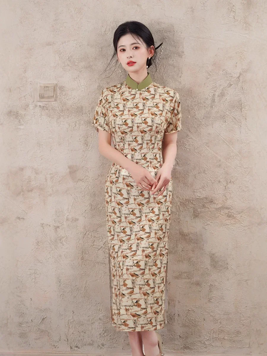 

Новинка 2025 года, улучшенное Ципао с цветными блоками, повседневный Cheongsam в китайском стиле с длинными короткими рукавами и принтом
