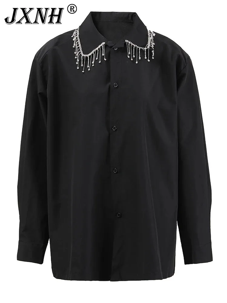 

Black Rhinestones Tassels Big Size Casual Blouse Women New Lapel Long Sleeve Shirt Fashion Tide Spring Autumn 2024