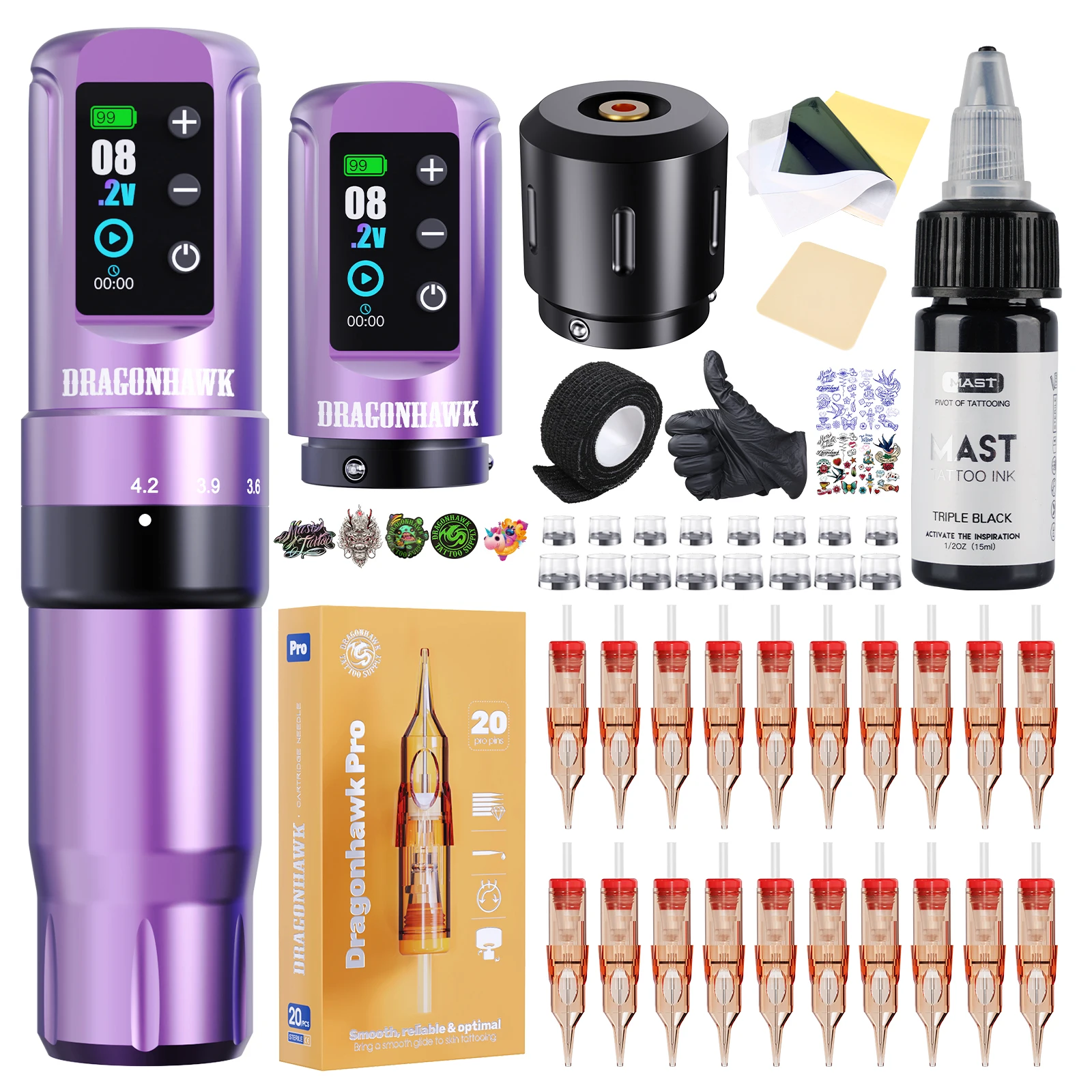 

Dragonhawk Tattoo Kit Full Set Atom2 Pro 7 Strokes Wireless Battery Tattoo Machine Pen Easy To Use for Beginners Lining Shading