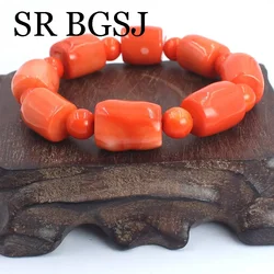 7-8mm 10-14mm Nice Jewelry Gift Natural Genuine Orange Coral Women Men Adjustable Stretchy Bracelet 7-8inch