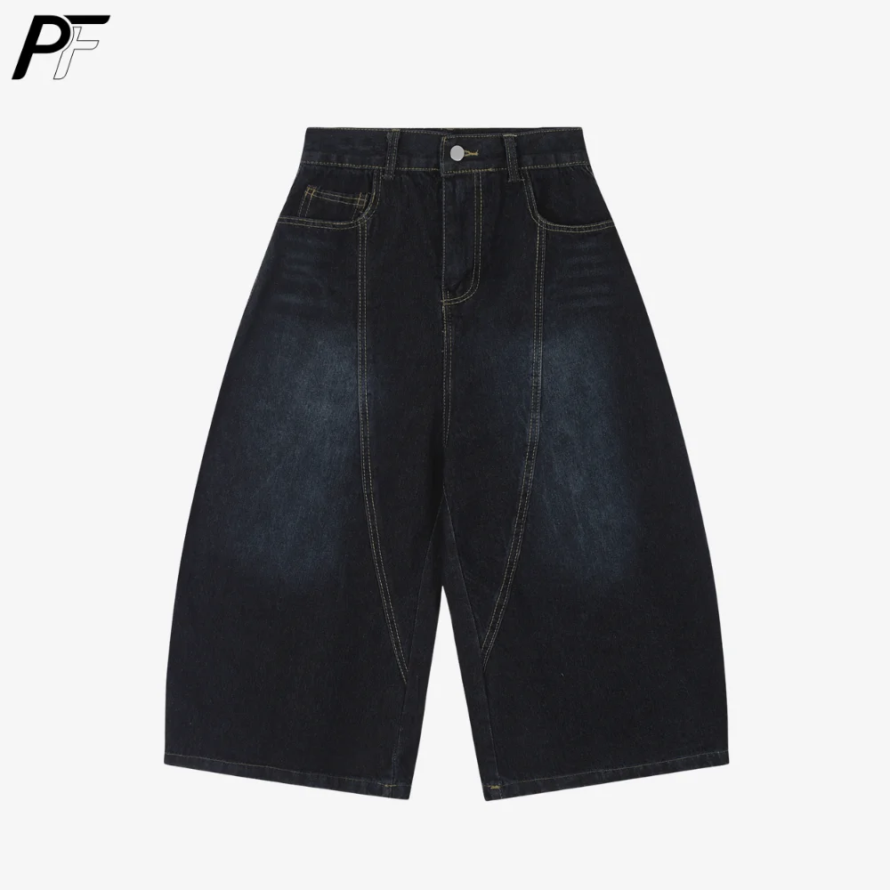 

Wide-Leg Denim Shorts Loose Fit Knee-Length Capris Vintage Washed Baggy Denim Bottoms Casual Denim Capri Pants for Summer Daily