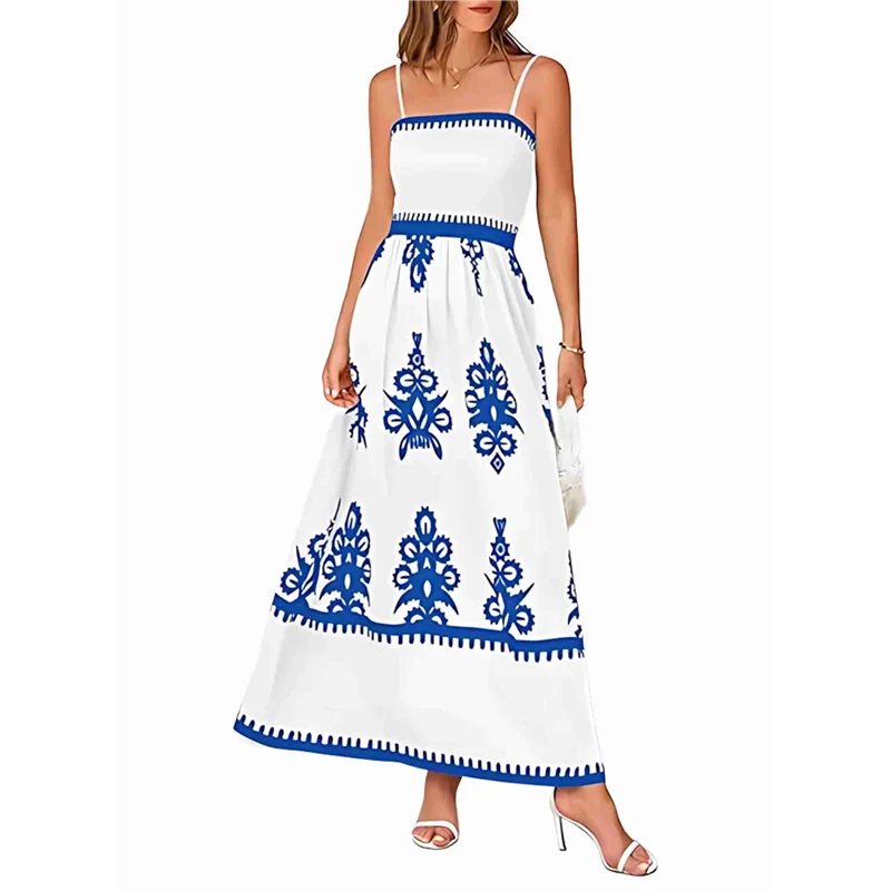 A83F-Abito estivo da donna 2025 Abito estivo floreale con cinturino per spaghetti Abiti maxi Boho per vacanze al mare fluidi