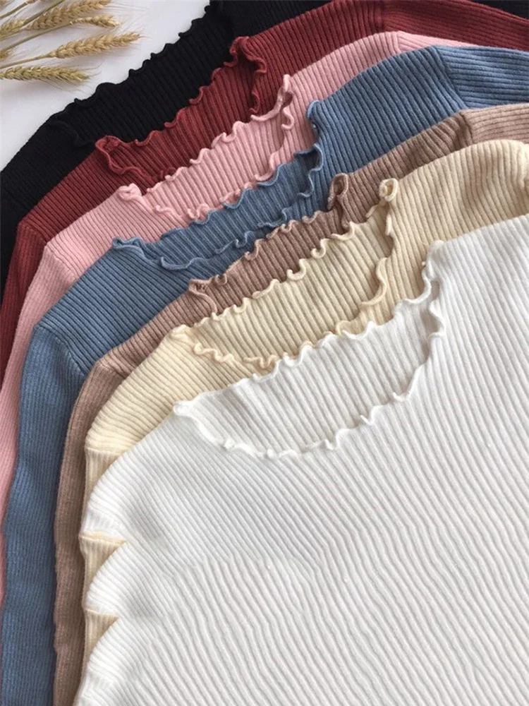 

Высокоэластичный однотонный корейский осенне-зимний модный свитер с круглым вырезом и рюшами, женский тонкий сексуальный вязаный пуловер, Pull Femme