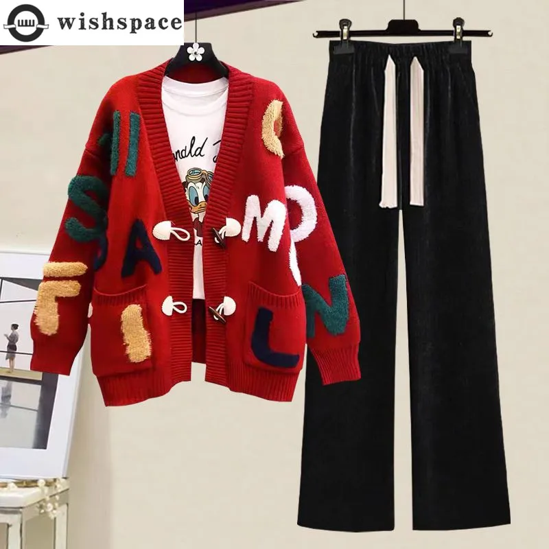 

Autumn and Winter Set, Women's New Korean Edition Western Style Age Reducing Knitted Cardigan Wide Leg Pants Two Piece Set