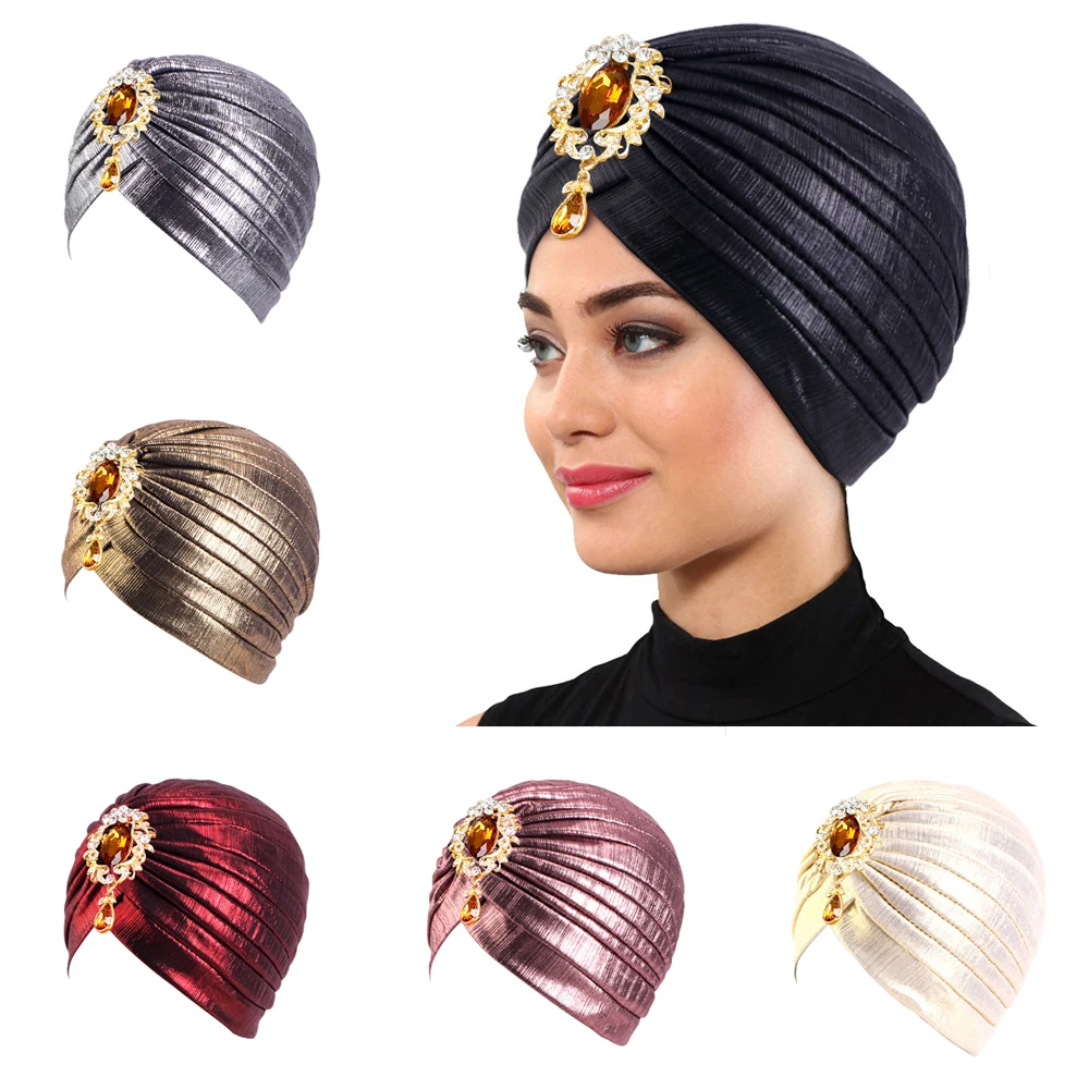 New Women Rhinestone Pendant Turban Solid Color Elastic Head Wrap Headscarf Chemo Cap Beanies Bonnet Muslim Hijab Turbante Mujer