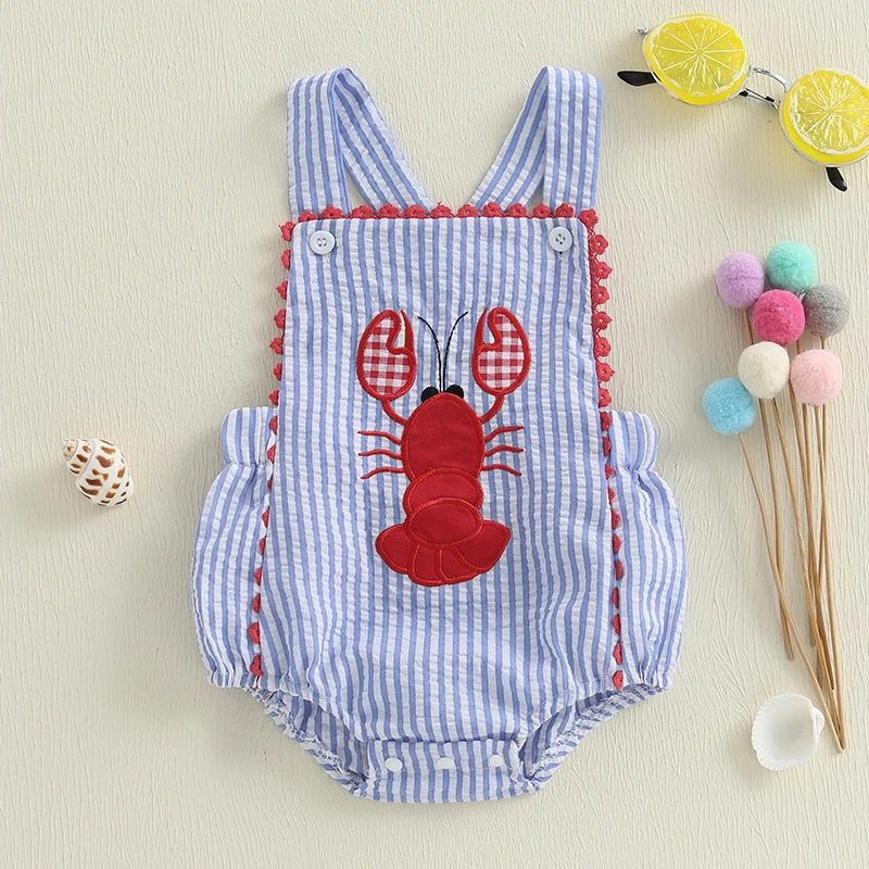 Summer Newborn Baby Boys Overalls Casual Lobster Embroidery Striped Print Sleeveless Romper Jumpsuit Toddler Clothes