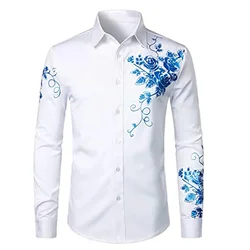 Men's Casual Shirt Business Flower Pattern Travel Long-sleeved Men's Design Simple Fashionable Solid Color Shirt Large Clothing