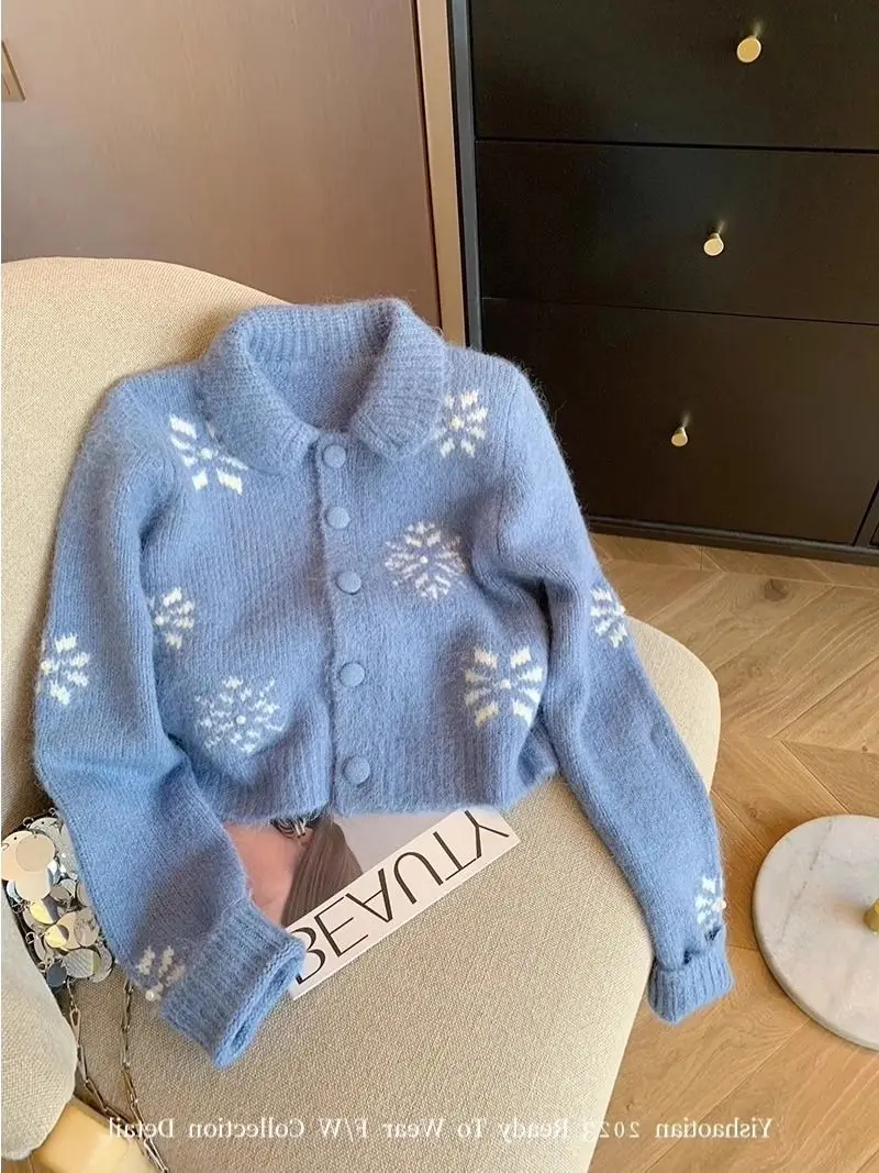 

Sweet Hot Girl Jacquard Short Knitted Cardigan Women's Spring Turn-down Collar Long-sleeve Sweater Jacket Fashion Female Clothes