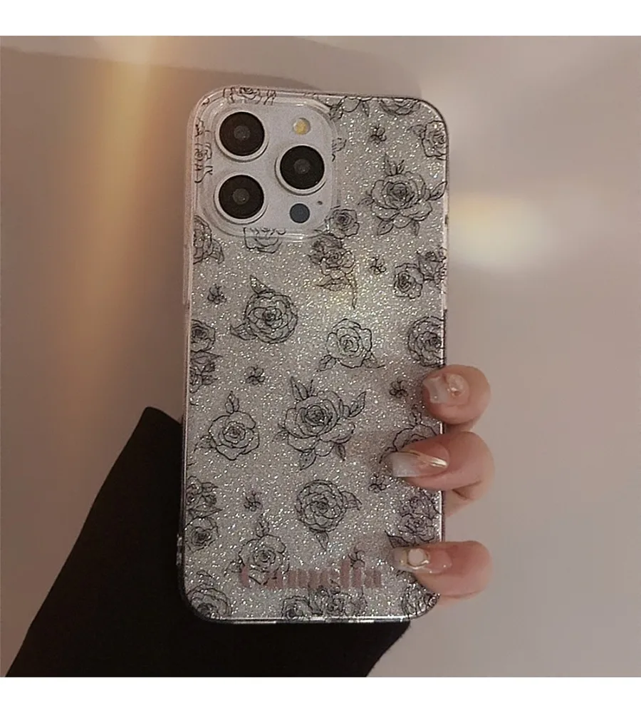 Silver Glitter Rose Embossed Phone Case For Iphone 12 13 14 15 16 17 Shiny Sparkly Solid Color Full Lens Protection Hard Case