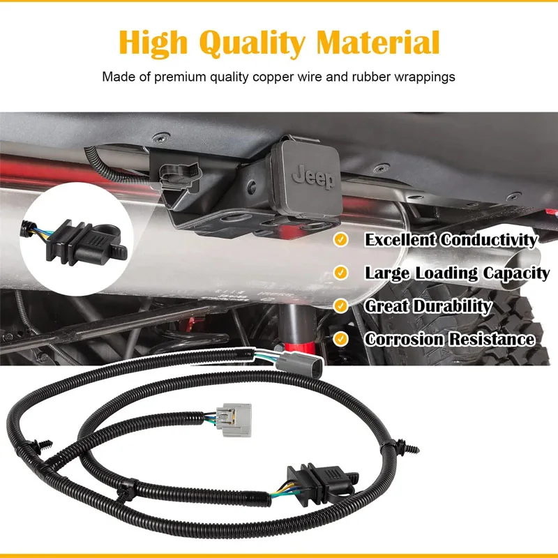 Heavy Duty 4-Way Tow Hitch Trailer Wiring Harness 70.5'' For 2007-2018 Jeep Wrangler JK Replace OEM 17275.01, 92015 8001