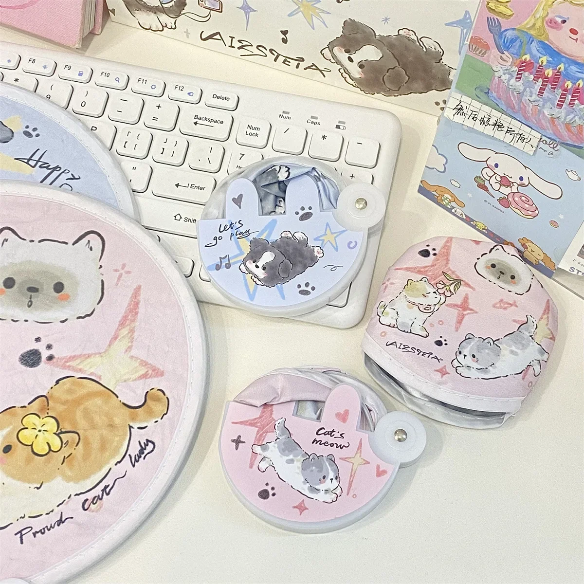 Cute Cartoon Puppy Cat Twist Folding Round Fan with Storage Pouch Kawaii Kid Girl Mini Handheld Fan Selfie Reflector Back Face