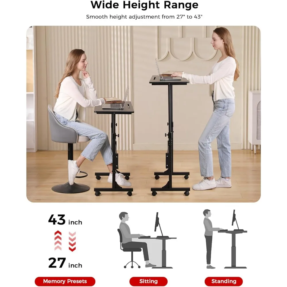 Adjustable Height Standing Desk on Wheels - Compact Mobile Laptop Desk for Portable Home or Office Use - Black