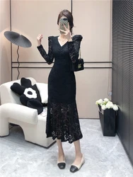 Chic Korea Long Mermaid Dress Party Girls Women Ruffled Bodycon Elegant Office Lady Basic Wear Feminine Vestidos