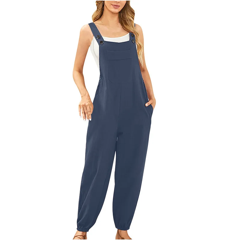 Women's cotton and linen jumpsuit pocket overalls casual overalls small leg pants fashionable and elegant style summer