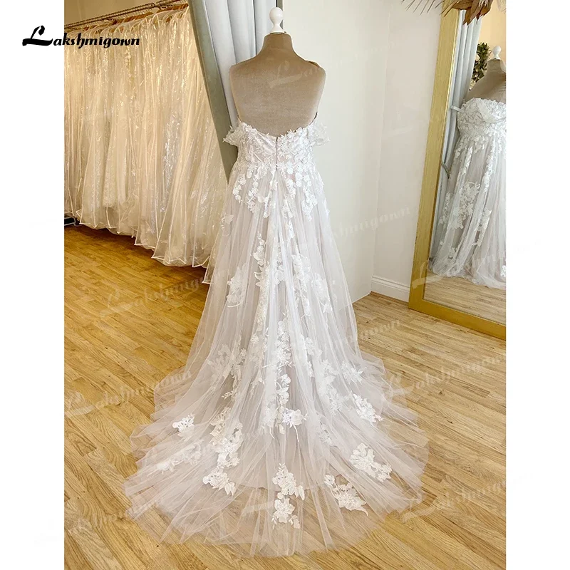 Gaun pernikahan Boho A-Line untuk wanita, gaun terusan Tulle applique renda punggung terbuka, gaun pengantin seksi Sweetheart Off the Shoulder