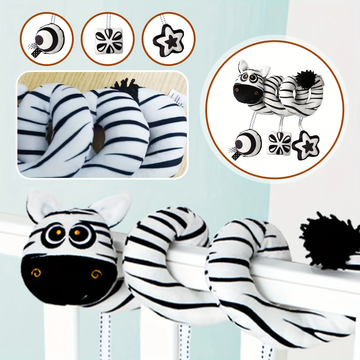 아기의 흑백 동물 시각 자극 침대 와인딩 카, 3개의 만화 장난감이 달린 나선형 플러시 장난감, 무작위 색상