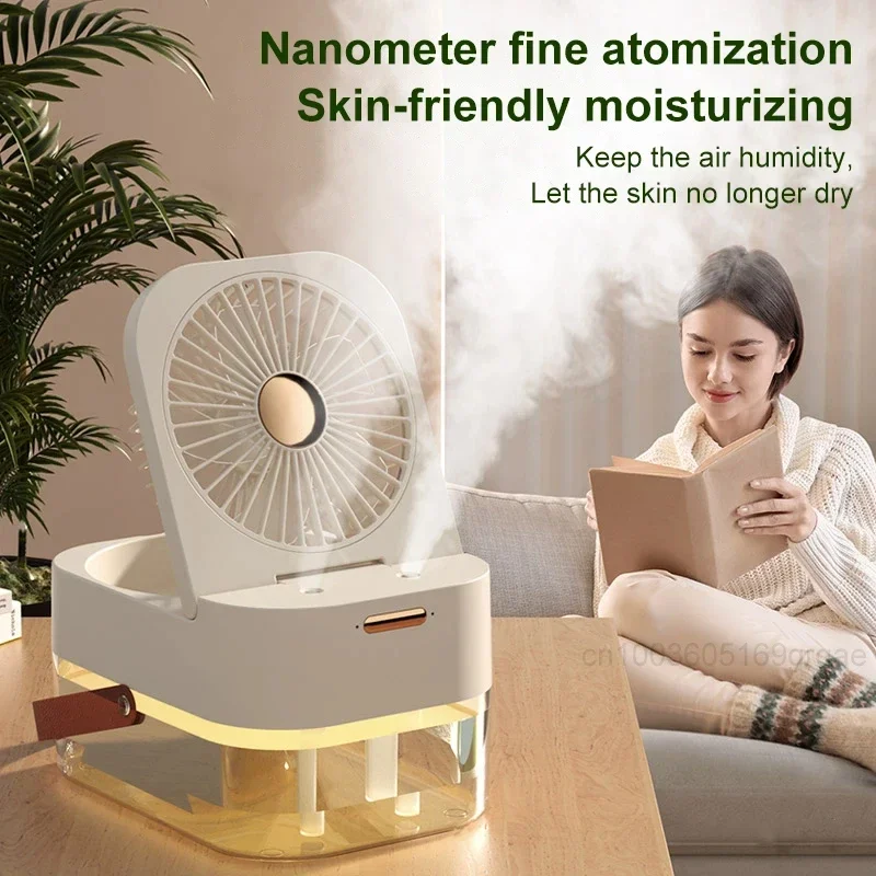 Ventilatore portatile 3in1 Ventilatore elettrico ricaricabile USB Luce notturna a LED Casa con umidificatore d'aria con telecomando Piccolo dispositivo di raffreddamento dell'aria