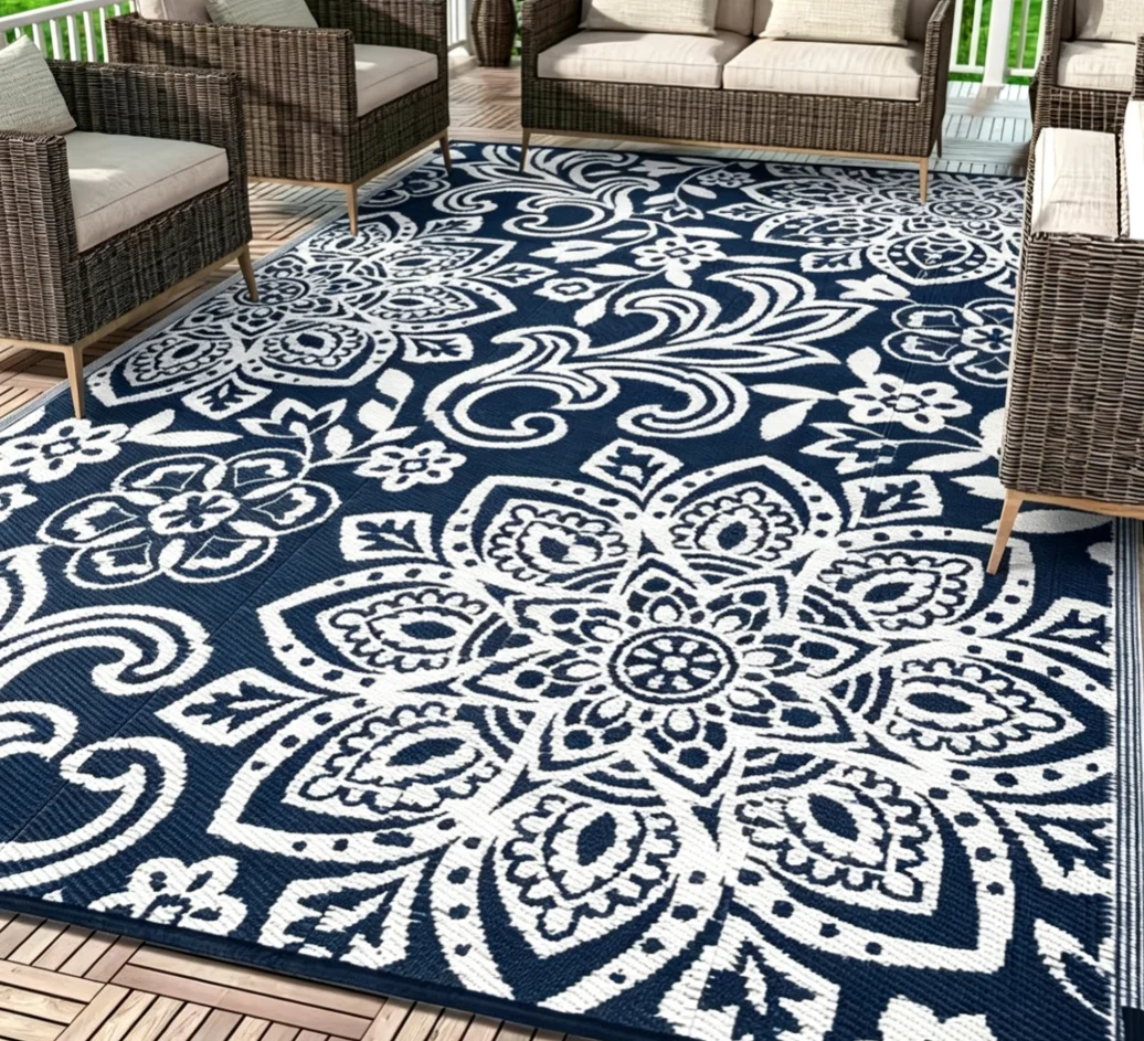 Outdoor Rug- Reversible Mandala Outdoor Plastic Straw Rug, Durable Foldable Patio Rug for RV, Deck, Balcony, Backyard Home Decor
