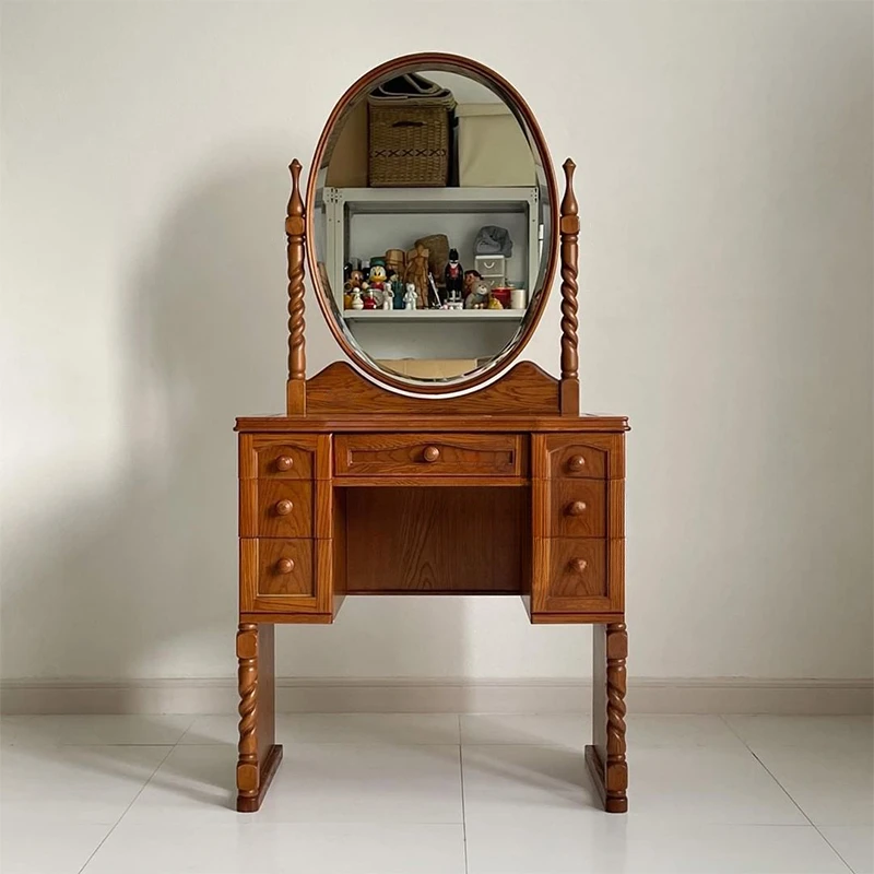 Vintage solid wood dressing table, bedroom , light luxury small unit, glass cover, makeup