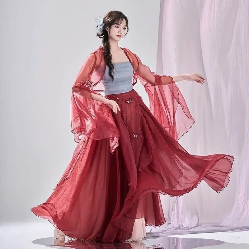 Traje de performance de dança clássica vermelho fluindo gaze vestido dança chinesa étnico estilo antigo prática desempenho grande balanço