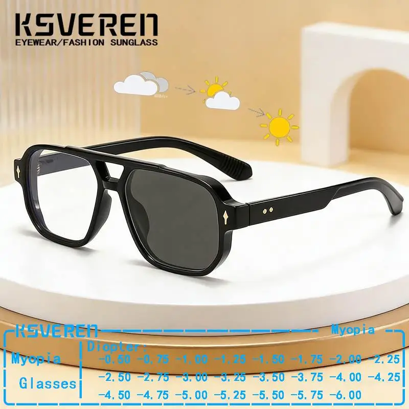 

Square Double Bridge Photochromic Myopia Glasses Men Finished Prescription Eyewear Sun Color Changing Glasses Negative Strength