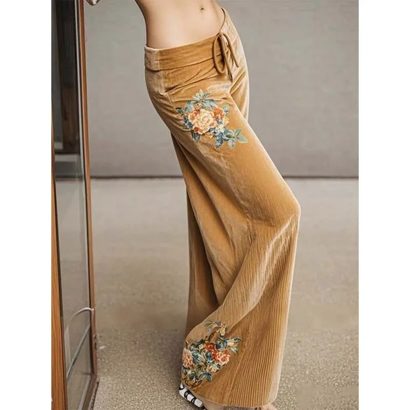 Autumn Winter Women Velvet Pant Lady Casual Streetwear Velour Trouser Loose Straight Wide Leg Long Pants High Waisted Pant