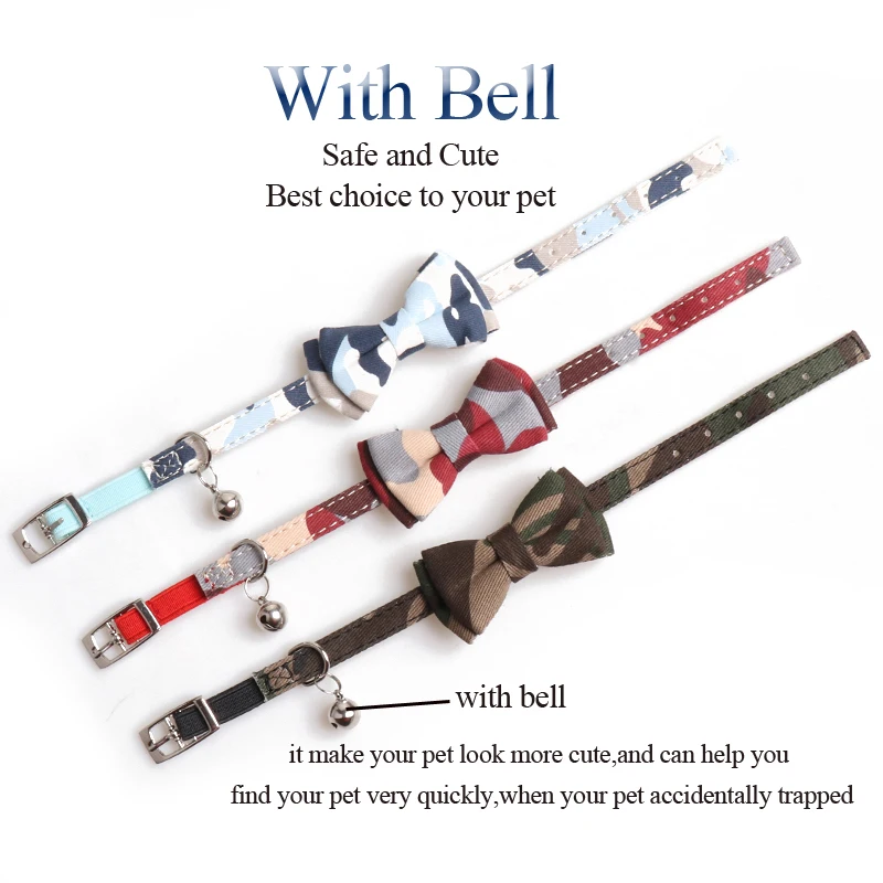 Camouflag Pet Cat Collar Elastic Strap Safety with Bell kawaii Bowknot Goats Collier Chain Adjustable XS Cute British style