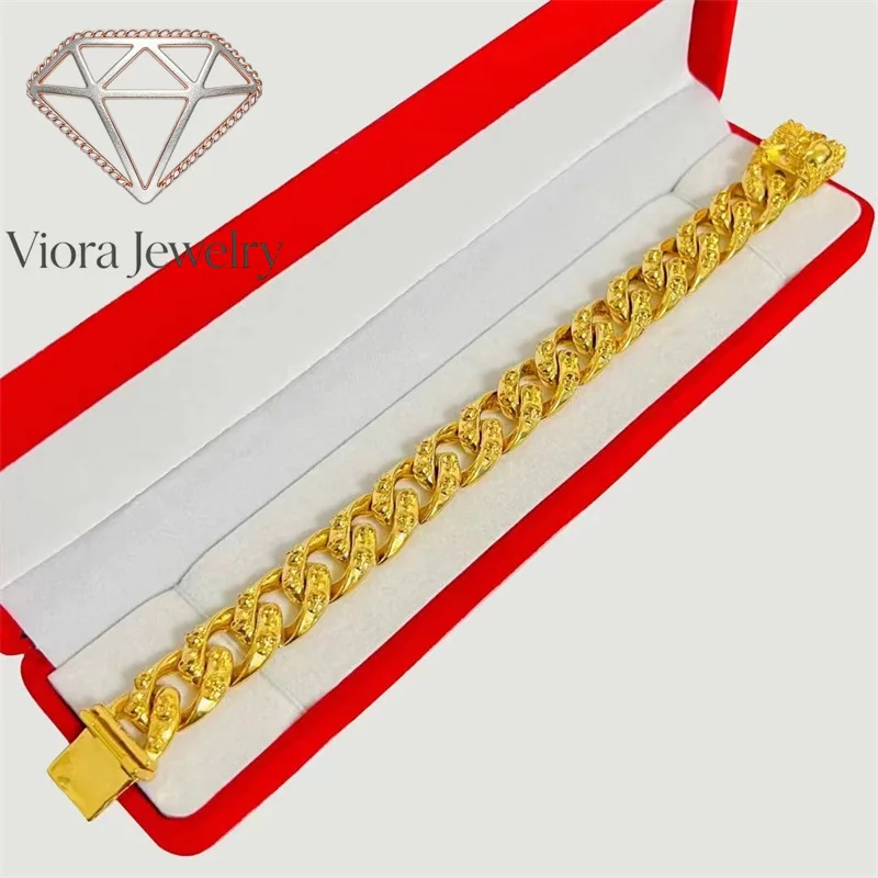 

Viora Jewelry 9999 24K Real Gold Skull Cuban Bracelet Men's Boss Bracelet Personalized Trendy Horse Whip Clamping Hand Dress