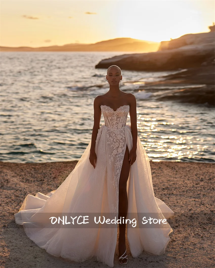 

Mermaid Beach Wedding Dresses Exquisite Bridal Gown Side Split Length Corset Gown Beads Pearls Vestidos De Novias Customized
