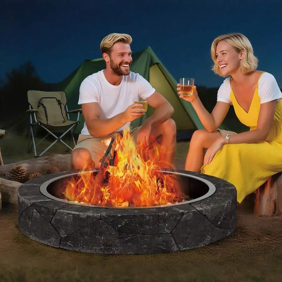 Outdoor 48-Inch Smokeless Fire Pit Ring,Easy Install Iron Sheets,Ventilation Holes For Full Wood Burn,Rust-Proof Painted Steel,O